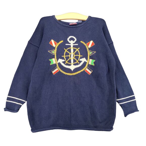 Vintage Hook Sport Mens Round Neck Long Sleeve Pullover Anchor Sweater Blue SZ S - Picture 1 of 12